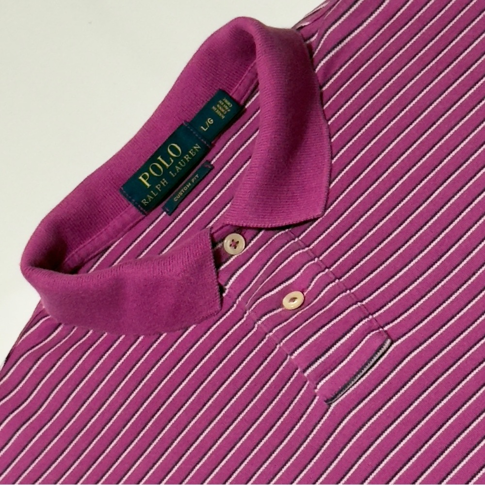 Polo Ralph Lauren Dark Pink & White Striped Polo Shirt Size L Excellent